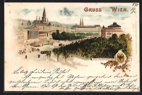 Lithographie Wien, Franzensring mit Strassenbahn