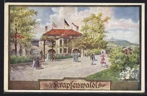 Künstler-AK Wien, Blick auf das Gasthaus Krapfenwaldl