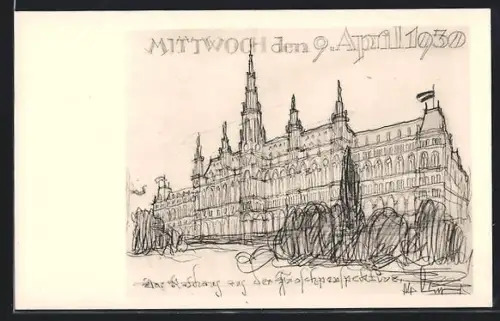 Künstler-AK Wien, Rathaus aus der Froschperspektive 1930