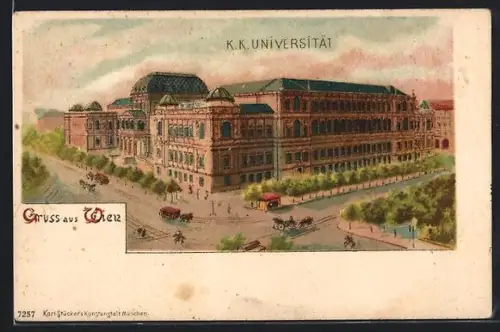 Lithographie Wien, K. K. Universität mit Strassenpartie