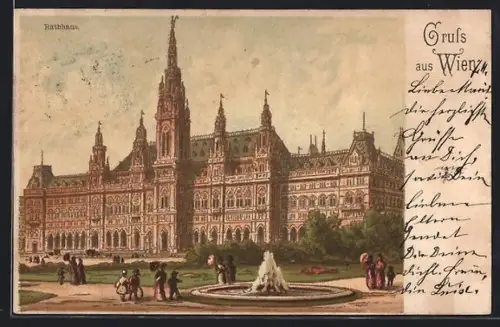 Lithographie Wien, Rathaus mit Brunnen
