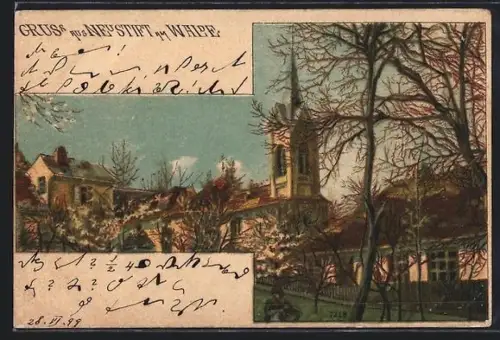 Künstler-AK Wien-Neustift am Walde, Ortspartie mit Blick zur Kirche