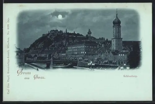 Mondschein-AK Graz, Schlossberg mit Brücke