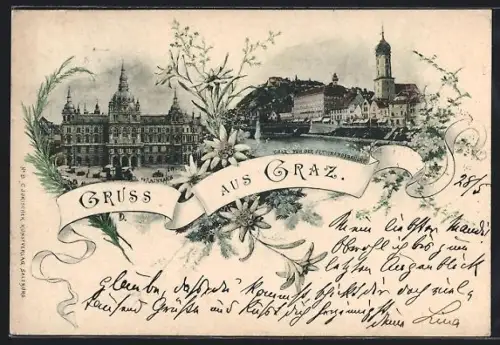 AK Graz, Ansicht von der Ferdinandsbrücke, Rathaus