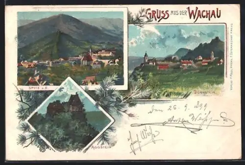 AK Spitz an der Donau, Ortsansicht mit Dürnstein und Aggstein, Wachau