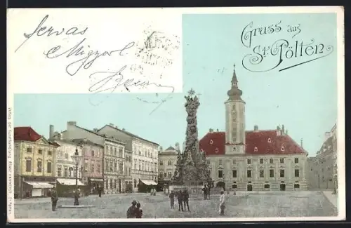 AK St. Pölten, Rathaus mit Denkmal