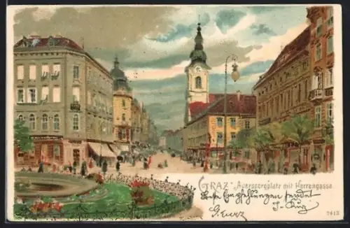 Künstler-AK Graz, Auerspergplatz mit Herrengasse