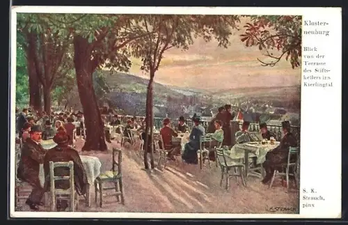 Künstler-AK Klosterneuburg, Blick von der Terrasse des Gasthauses Stiftskeller ins Kierlingertal