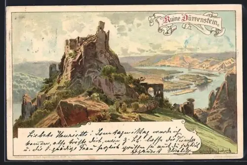 Künstler-AK Ludwig Hans Fischer: Dürnstein / Burgruine, Burgruine mit Blick ins Tal