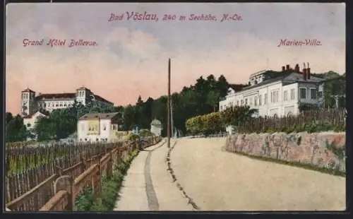 AK Bad Vöslau /N.-Oe., Strassenpartie mit Grand Hotel Bellevue und Marien-Villa