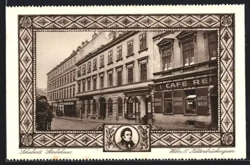 AK Wien, Schuberts Sterbehaus mit Cafe in der Kettenbrückengasse, Passepartout
