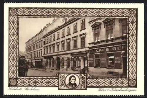 AK Wien, Schuberts Sterbehaus, Kettenbrückengasse, Portrait Schubert