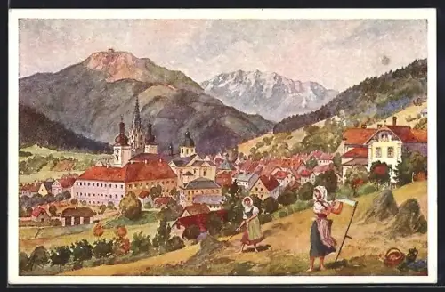 AK Maria Zell, Ortsansicht, Alpenkette, Bäuerinnern mit Sensen mähen Gras