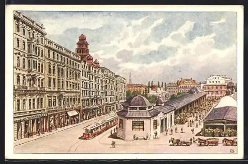 AK Wien, Theater an der Wien, Wienzeile mit Naschmarkt mit Strassenbahn