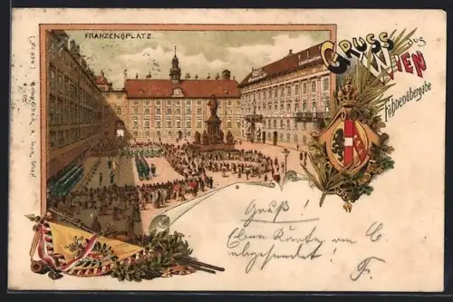Lithographie Wien, Franzensplatz mit Brunnen und Festversammlung