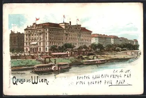 Lithographie Wien, Hotel Metropole, Donaukanal mit Schiffen