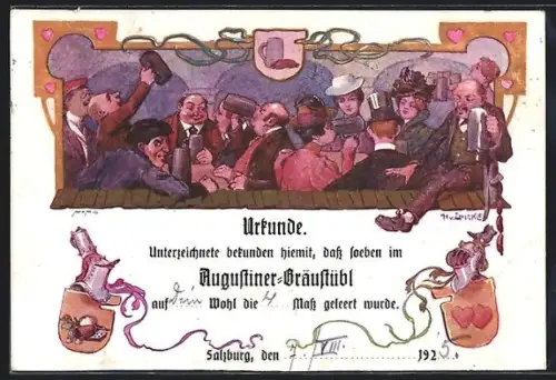 AK Salzburg, Augustiner-Bräustübl, Trinkszene auf Urkunde