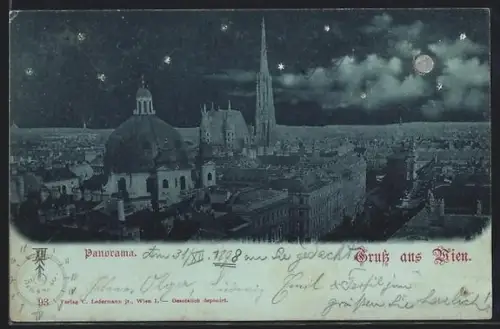 Mondschein-AK Wien, Panorama mit Stephansdom und nächtlicher Stadtsilhouette