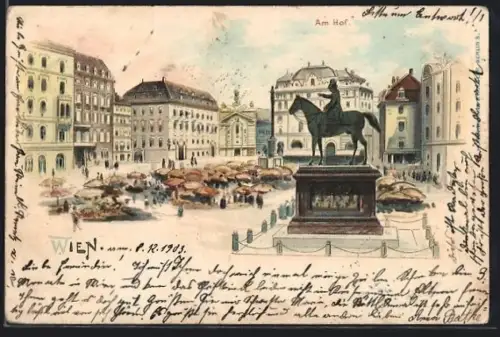 Lithographie Wien, Am Hof, Platz mit Markt und Reiterstandbild