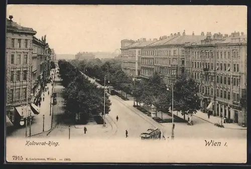 AK Wien, Kolowrat-Ring, Strasse mit Baumpromenade, Strassenbahn und mehrgeschossigen Wohnhäusern