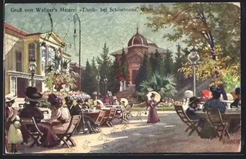 AK Wien, Wallner`s Meierei Tivoli bei Schönbrunn, Terrasse mit Pavillon