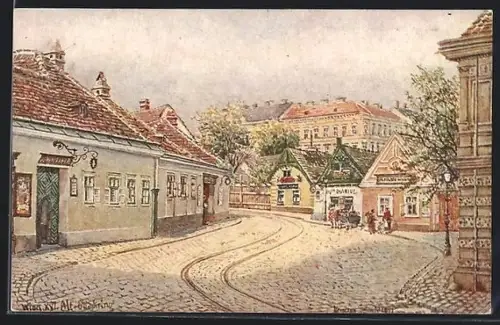 AK Wien, Alts-Ottakring, Strassenszene mit Häusern und Strassenbahngleisen