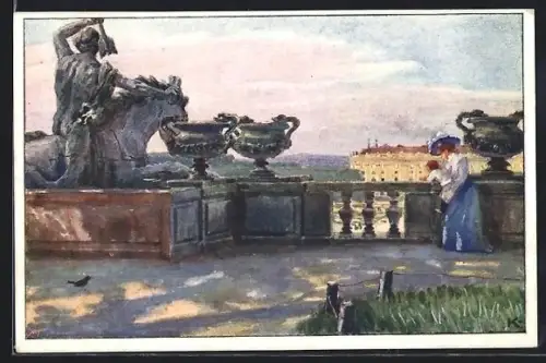 AK Wien, Schönbrunn, Neptunbrunnen, Terrasse mit Blick zum Schloss