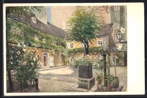 AK Wien, Stiegengasse, Dreimäderlhof, Innenhof mit Brunnen und Blumen