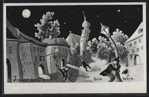 AK Grinzing, Nachtansicht mit Gasse, Laterne und Weintrinkern