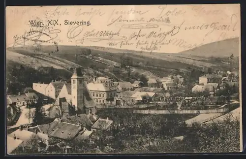 AK Wien, Sievering, Panorama mit Kirche und Weinbergen