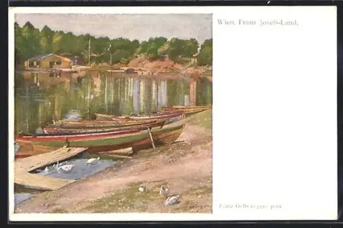 AK Wien, Franz-Josefs-Land, Boote am Ufer mit Bootshaus