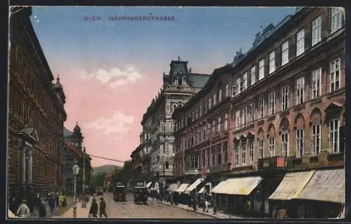 AK Wien, Währingerstrasse, Strassenansicht mit Geschäften und Strassenbahn