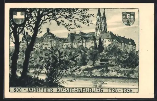 AK Klosterneuburg, Stift mit Kirche und Donaupartie zur 800-Jahrfeier