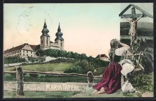 AK Maria Taferl, Wallfahrtskirche mit Pilgerin am Bildstock