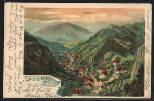 AK Semmering, Panorama mit Ort und Bergen