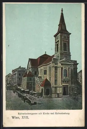 Lithographie Wien, Kalvarienberggasse mit Kirche und Kalvarienberg