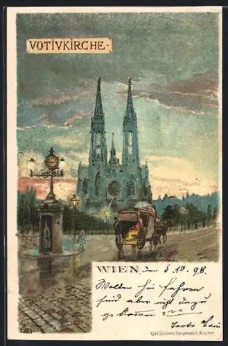 Lithographie Wien, Votivkirche, Strassenansicht mit Kutsche