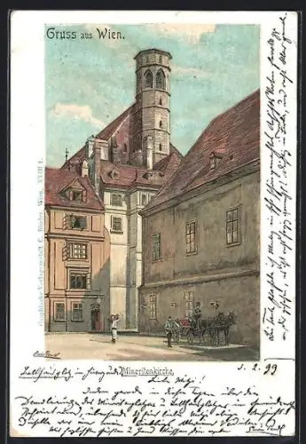 Lithographie Wien, Blick zur Minoritenkirche