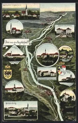 Lithographie Obernberg /Inn, Flusslauf aus der Vogelschau, Schärding, Neuburg