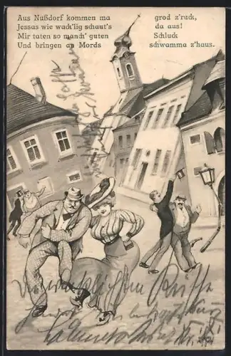 AK Nussdorf / Wien, Strassenpartie aus der Sicht eines Betrunkenen