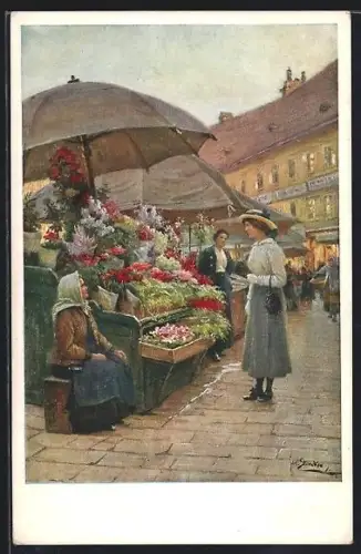 Künstler-AK Wien, Wiener Naschmarkt, Blumenstand