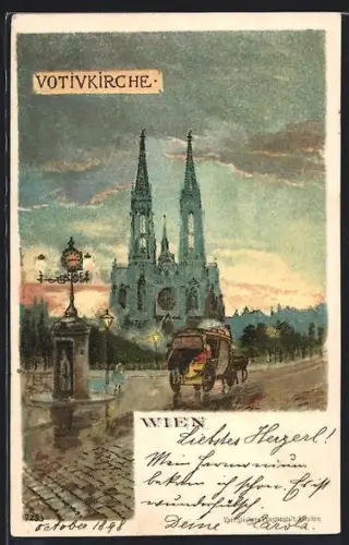 Lithographie Wien, Votivkirche am Abend