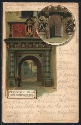 Lithographie Wien, Kaiserliche Burg, Schweizertor