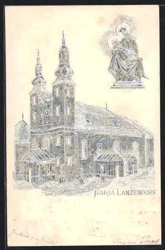 Lithographie Maria Lanzendorf, Kirche mit Marienfigur