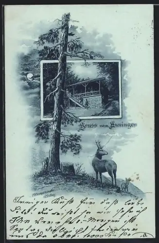 Lithographie Anninger, Hütte, Hirsch im Wald