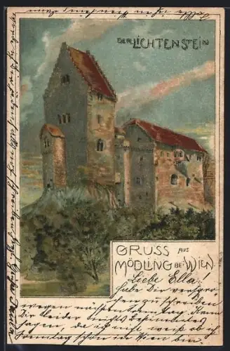 Lithographie Mödling bei Wien, Burg Lichtenstein