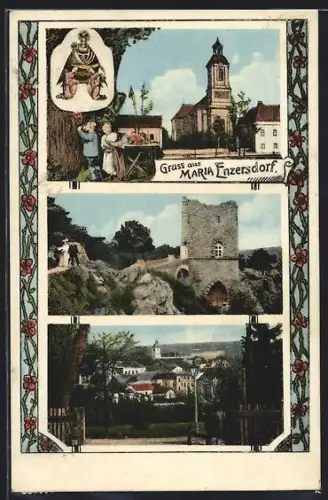 AK Maria Enzersdorf, Kirche, Burgruine, Ortsansicht