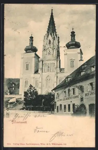 AK Mariazell, Gasthof zur goldenen Krone und Kirche