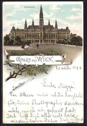 Lithographie Wien, Rathaus mit Vorplatz