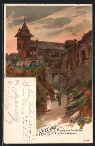 Lithographie Nussdorf / Wien, Zugang zum Bockkeller, k.k. Hofbräuhaus